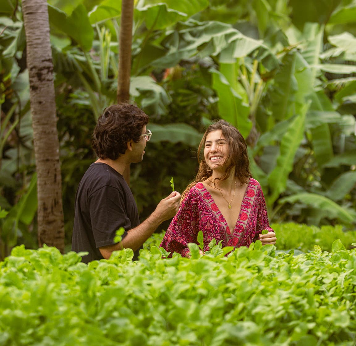 Casal entre os canteiros de folhas verdes da agrofloresta do Restaurante do Vale em Fernando de Noronha